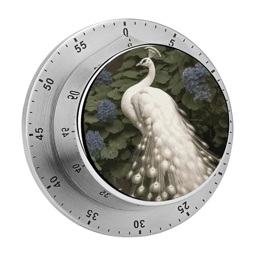 Weißer Pfauen-Küchentimer, manueller 60-Minuten-Aufzieh-Timer mit lautem Alarm, magnetische Rückseite, mechanische Küchentimer, keine Batterien erforderlich, Countdown-Timer zum Kochen und Backen von GHENBLT