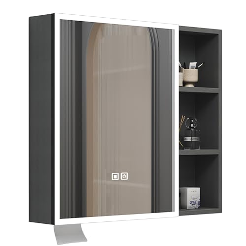 GHHDPDMJ Badezimmer-Medizinschrank mit LED-Beleuchtung, Antibeschlagfunktion, dimmbar, Wand montierter Spiegelschrank (Farbe: Grau, Größe: 80 x 13 x 68 cm) von GHHDPDMJ