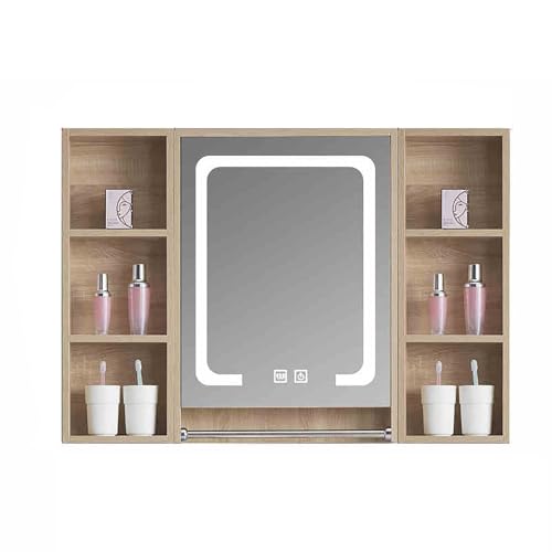 GHHDPDMJ Badezimmer-Wandschrank im Landhausstil mit Spiegeltür und Handtuchhalter, platzsparender Aufbewahrungsschrank für den Schminktisch über der Toilette (Natur) von GHHDPDMJ