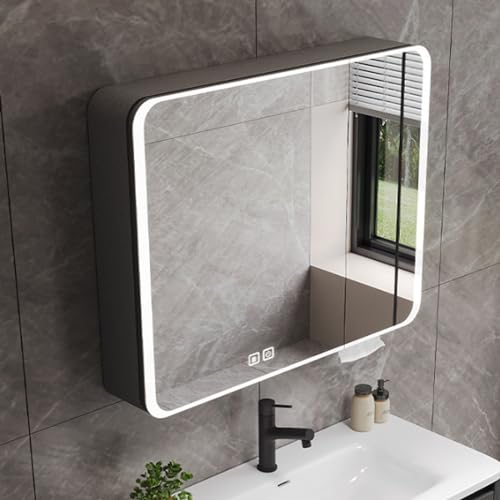 GHHDPDMJ Badezimmerschrank aus Aluminium mit Antibeschlagbeleuchtung und HD-Spiegel Großer Schminkspiegel mit intelligenter Antibeschlagbeleuchtung und Zeitanzeige Grau von GHHDPDMJ