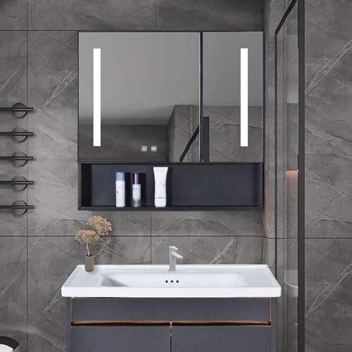 GHHDPDMJ Badezimmerspiegelschrank, LED-Badezimmerspiegel mit Stauraum, Kosmetikspiegel mit Stauraum, beleuchteter Medizinschrank mit Antibeschlagfunktion, Einbau- oder Aufputz-Wandspiegel mit Ablage, von GHHDPDMJ