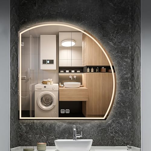GHHDPDMJ Halbrunder LED-Badezimmerspiegel 50x50cm Asymmetrischer Badezimmerspiegel Dual Touch beleuchteter Badezimmerspiegel Dreifarbige Beleuchtung Smart Mirror LED-Spiegel für Badezimmer Defog Memo von GHHDPDMJ