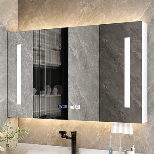 GHHDPDMJ LED-beleuchteter Badezimmerspiegelschrank mit intelligenter Antibeschlagfunktion, HD-Spiegel, Holzkonstruktion, rechteckiges Design, Zeit- und Temperaturanzeige, dreifarbige Lichter (60 cm) von GHHDPDMJ