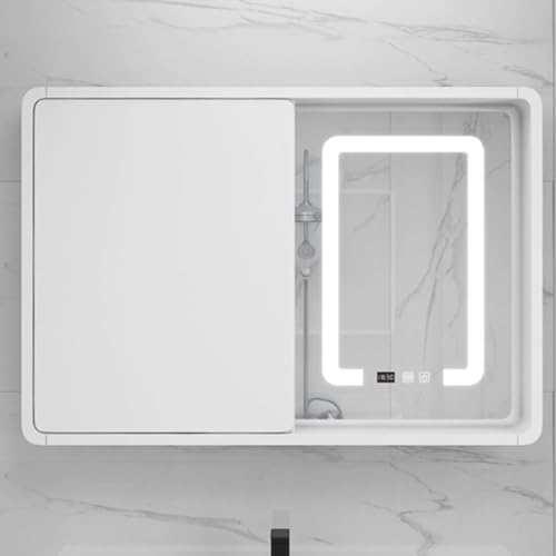 GHHDPDMJ LED-beleuchteter hängender Badezimmerschrank mit verstecktem Spiegel, Druck-/Zug-Spiegelschränke für Moderne Badezimmer, intelligente Antibeschlag-Zeitanzeige, rechteckiges Holzdesign (70 cm von GHHDPDMJ