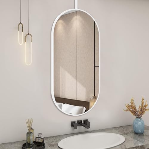 GHHDPDMJ Moderner, an der Decke hängender Spiegel, Badezimmerspiegel mit weißem Metallrahmen und Ausleger, anpassbarer Spiegel mit Hängestange, Kosmetikspiegel für Badezimmer, Waschräume und Schlafzi von GHHDPDMJ