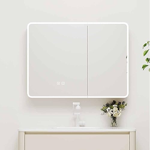 GHHDPDMJ Moderner Badezimmerspiegelschrank aus Aluminium mit LED-Beleuchtung und Antibeschlagfunktion. Wandmontierter Schlafzimmerschrank mit Spiegel (Cremefarben, 60 x 65 x 12 cm) von GHHDPDMJ