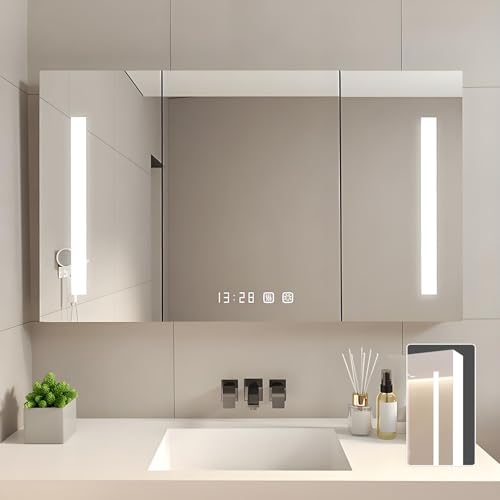 GHHDPDMJ Moderner LED-Badspiegelschrank mit Stauraum und stufenlos dimmbarem beleuchtetem Kosmetikspiegelschrank fürs Badezimmer von GHHDPDMJ