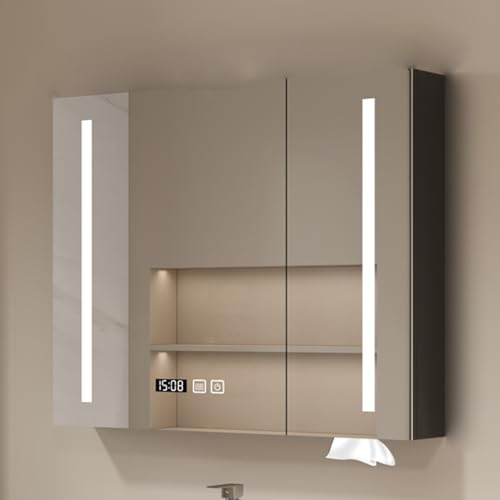 GHHDPDMJ Moderner LED-Spiegelschrank mit Antibeschlag-Dreifarbenlicht, Zeit- und Temperaturanzeige, Badezimmer-Wandregal mit Beleuchtung, Badezimmerschrank aus Holz mit verspiegelten Türen GHHDPDMJ Moderner LED-Spiegelschrank mit Antibeschlag-Dreifarbenlicht, Zeit- und Temperaturanzeige, Badezimmer-Wandregal mit Beleuchtung, Badezimmerschrank aus Holz mit verspiegelten Türen von GHHDPDMJ