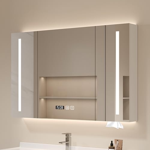 GHHDPDMJ Moderner LED-Spiegelschrank mit Antibeschlagfunktion, Zeit-/Temperaturanzeige, Wandaufbewahrungseinheit mit Holzrahmen und hängendem dreifarbigem Licht, ideal für die Organisation und Beleuc von GHHDPDMJ