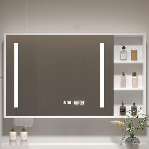GHHDPDMJ Rechteckiger Badezimmerspiegelschrank aus Massivholz mit Beleuchtung und Ablagefächern. Grauer Waschtischunterschrank mit Kosmetikspiegel (Größe: 60 cm) von GHHDPDMJ