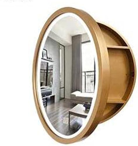 GHHDPDMJ Runder Badezimmerspiegelschrank aus Massivholz mit hellem, an der Wand montiertem Schminkschrank in elegantem Gold-Finish (70 cm, 27,6 Zoll) von GHHDPDMJ