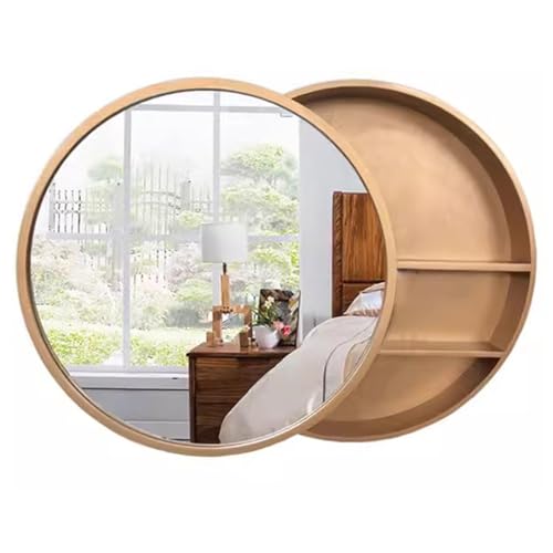 GHHDPDMJ Runder Spiegelschrank zur Wandmontage für das Badezimmer mit Schiebetür und Ablage, Massivholz, Braun-Finish (50 cm) von GHHDPDMJ