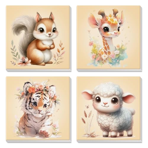 GHHKUD 4 Stück Tiere Malen Nach Zahlen ab 5 6 7 Jahre Mädchen mit Rahmen, Malen Nach Zahlen für Kinder Mit Pinseln und Acrylfarbe knitterfreie leinwand Kit, DIY Handgemalt Ölgemälde Kit 20x20cm von GHHKUD