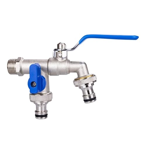 Kugelhahn Blauer Griff Doppelkopf Wasserhahn for Waschmaschine 1 Einlass 2 Auslass 1/2" BSP Gewinde Messing Outdoor Garten mit Dual(Color-F) von GHHZML