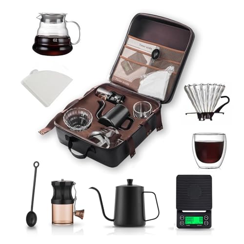 GHIBFBT Handgebrühtes Kaffeeset für Camping, tragbares Kaffeemahl-Brühwerkzeug-Set mit Aufbewahrungstasche, Topf, Waage, multifunktionales Camp-Café-Brau-Set als Geschenk von GHIBFBT