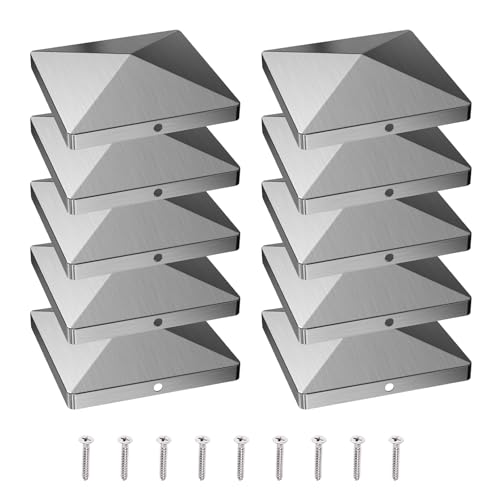 Pfostenkappen 10x10 cm, 10 Stück Edelstahl 304 Pfostenabdeckung, Pfostenkappe für Zaunpfosten und Holzpfosten, Pyramiden Form, inkl. Edelstahl-Schrauben (10x10 cm) von GHIBFBT