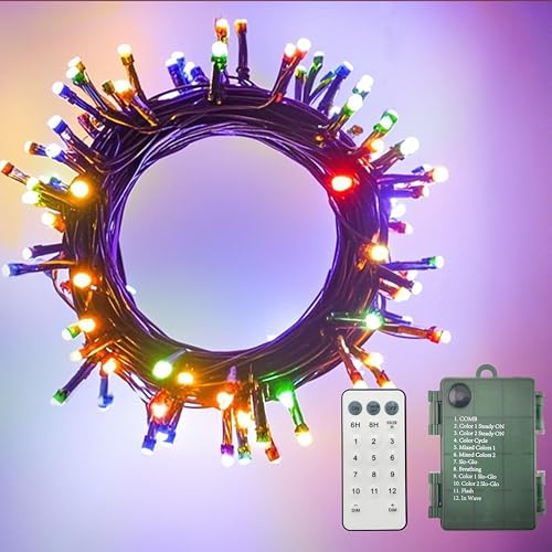 Farbwechsel Warmweiß/Bunt LED Batterie Lichterkette auf Dunkelgrün Kabel, Fernbedienung Batteriebetriebene Beleuchtung, für Weihnachten Baum Garten Hochzeit Feiertag Party (100LED) von GHJ