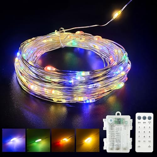Farbwechsel Warmweiß/Bunt LED Batterie Lichterkette auf Silberdraht, Fernbedienung Batteriebetriebene Beleuchtung, für Weihnachten Baum Garten Hochzeit Feiertag Party (50LED) von GHJ