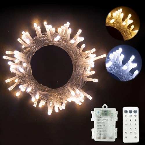 Warmweiß/Kaltweiß LED Batterie Lichterkette auf Durchsichtigem Kabel, Fernbedienung Batteriebetriebene Beleuchtung, für Weihnachten Baum Garten Hochzeit Feiertag Party (200LED) von GHJ