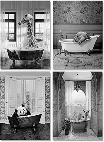 GHJKL Bilder Schwarz Weiß Set, Badezimmer Bilder, Tier In Der Badewanne Bilder Schwarz Weiß Vintage Leinwand Bilder Poster Toilette Badezimmer Wohnkultur - Ohne Rahmen (Badewanne Panda, 50X70cm*4PCS) von GHJKL