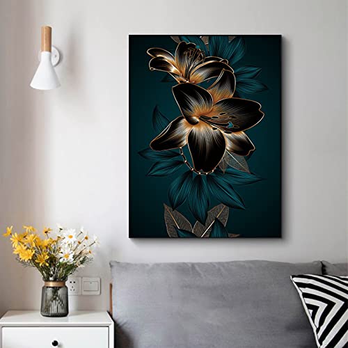 Einzelnes Abstraktes Blatt Blatt Blume Leinwand Poster, Große Wanddekoration Wandkunst Druck Bilder - Rahmenlos (Dunkelgrünes Gold,80 x 120 cm) von GHJKL