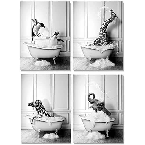GHJKL Schwarz Weiß Set, Badezimmer Bilder, Tier in Der Badewanne Vintage Leinwand Poster, Toilette Wohnkultur - Ohne Rahmen (Süße Tiere, 30X40cm*4PCS) von GHJKL