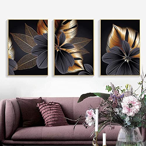 Wand Kunstdruck Set,Set mit 3 Wohnzimmer Schlafzimmer Dekor Wand Kunst Leinwand Drucken, Abstraktes Schwarzes Blattgold Pflanzenblatt Leinwand Poster Wand Dekor - Rahmenlos (40x60cm*3)…… von GHJKL