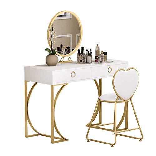 GHJKLZNMRU Schminktisch-Set, Massivholz, Schminktisch-Set, spiegelgepolsterter Hocker, Schminktisch mit 2 Schubladen, Schminktisch und Hocker (Farbe: Weiß, Größe: 80 x 40 x 75 cm) von GHJKLZNMRU