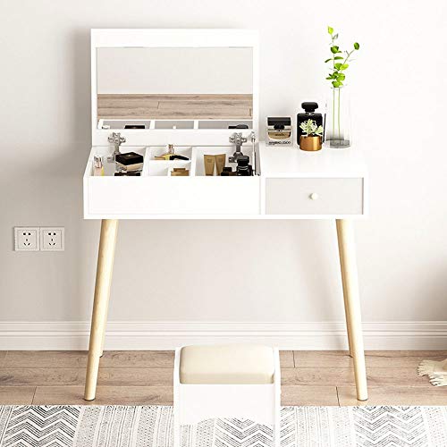 GHJKLZNMRU Schminktisch-Set, schlichtes Massivholz, Schminkset mit Klappspiegel und gepolstertem Hocker mit 1 Schublade, Schminktisch und Hocker (Farbe: Weiß, Größe: 80 x 40 x 115 cm) von GHJKLZNMRU