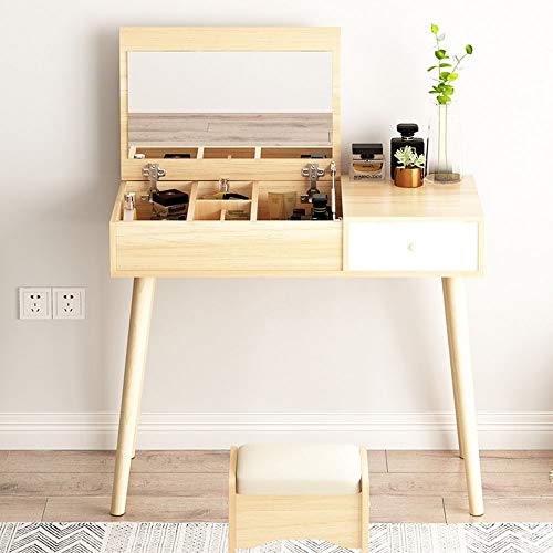 GHJKLZNMRU Schminktisch-Set, schlichtes Massivholz, Schminkset mit Klappspiegel und gepolstertem Hocker mit 1 Schublade, Schminktisch und Hocker (Farbe: Weiß, Größe: 80 x 40 x 115 cm) von GHJKLZNMRU