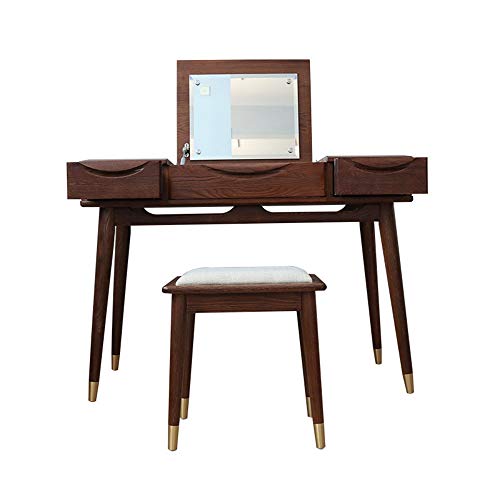 GHJKLZNMRU Schminktisch-Set mit gepolstertem Hocker, Schminktisch mit Klappspiegel und 3 Schiebeschubladen, Schminktisch und Hocker (Farbe: Walnussholz, Größe: 105 x 45 x 76 cm) von GHJKLZNMRU