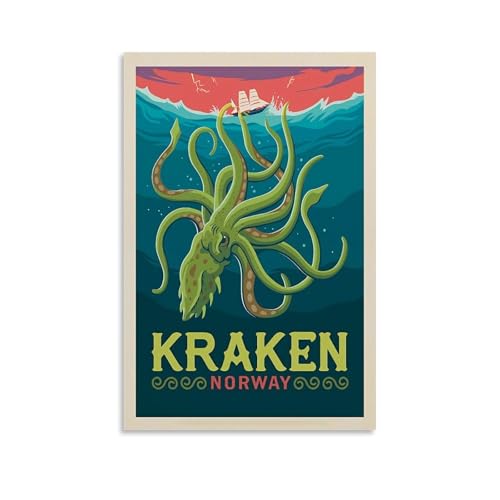 GHJOPAF Vintage-Poster auf Leinwand, Motiv: Mythische Kreaturen, Kraken (Norwegen), Wandkunst, Bild, Heimdekoration, Druck für Schlafzimmer, Wohnzimmer, 30 x 45 cm, ungerahmter Stil von GHJOPAF