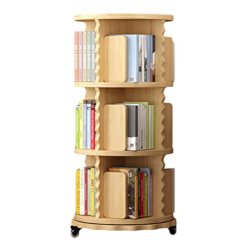 GHKFEJGDEN Drehbares Bücherregal mit 2/3/4/5/6 Ebenen, Massivholz, bodenstehendes, drehbares Bücherregal mit Rollen, Bilderbuchständer für Kinder im Haushalt (Farbe: Holz, Größe: 50 x 98 cm) von GHKFEJGDEN