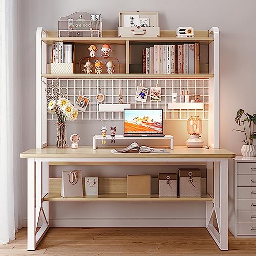 GHKFEJGDEN Moderner Computertisch mit Aufsatz, Schreibtischtisch, Arbeitsstation mit Gitterregal, Schreibtisch, Arbeitszimmer, PC-Tisch mit Regalen für das Home-Office (120 x 60 x 149 cm, Holz) von GHKFEJGDEN