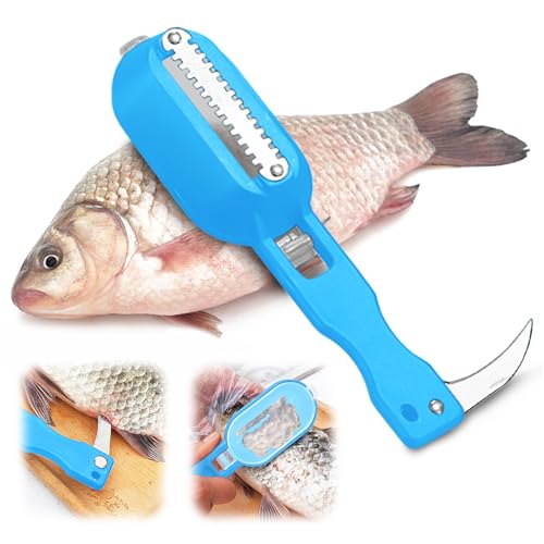 Fischentkalker-Werkzeug, 2-in-1 Fischentschuppen-Entferner mit Messer, Fischentschupper, Filetmesser, Fischreinigungswerkzeug mit Scaler-Behälter (blau) von GHKLNY