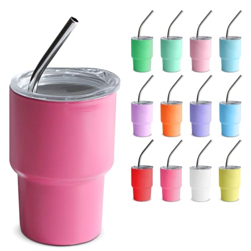 GHKLNY Mini-Schnapsgläser mit Deckel und Strohhalmen, lustige Mini-Schnapsgläser, farbige Edelstahlbecher für Hochzeit, Party, Whiskey, Cocktailbar, 60 ml, Rosarot von GHKLNY