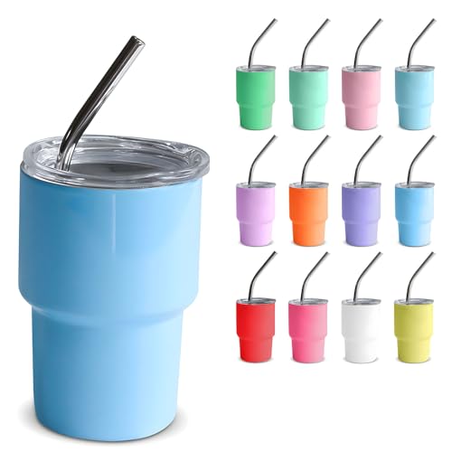 GHKLNY Mini-Schnapsgläser mit Deckel und Strohhalmen, lustige Mini-Schnapsgläser, farbige Edelstahlbecher für Hochzeit, Party, Whiskey, Cocktailbar, Himmelblau, 200 ml von GHKLNY