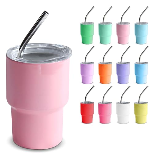GHKLNY Mini-Schnapsgläser mit Deckel und Strohhalmen, lustige Mini-Schnapsgläser, farbige Edelstahlbecher für Hochzeit, Party, Whiskey, Cocktailbar, Pfirsichrosa, 150 ml von GHKLNY