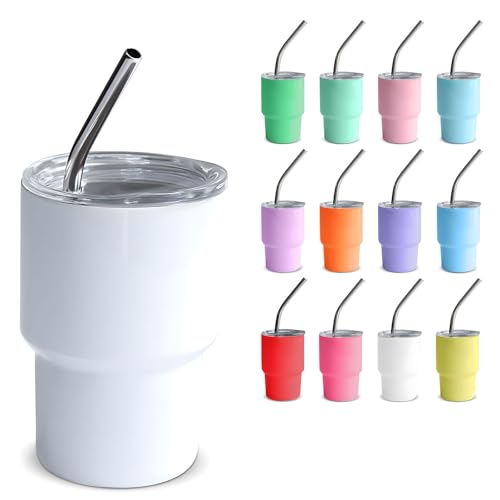 GHKLNY Mini-Schnapsgläser mit Deckel und Strohhalmen, lustige Mini-Schnapsgläser, farbige Edelstahlbecher für Hochzeit, Party, Whiskey, Cocktailbar, Weiß, 60 ml von GHKLNY