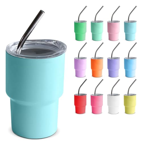 GHKLNY Mini-Schnapsgläser mit Deckel und Strohhalmen, lustige Mini-Schnapsgläser, farbige Edelstahlbecher für Hochzeit, Party, Whiskey, Cocktailbar (hellblau, 60 ml) von GHKLNY