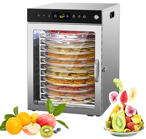 360°Drehfunktion Food dörrautomat (10 extragroße Tablett) 800W Doppellüfter,24 Hour Digital Timer Temperaturregelung 86℉-190℉Dörrautomat für Beef Jerky,Obst,Kräuter,Gemüse,Hundeleckerlis(12 Large Stai von GHKWXUE