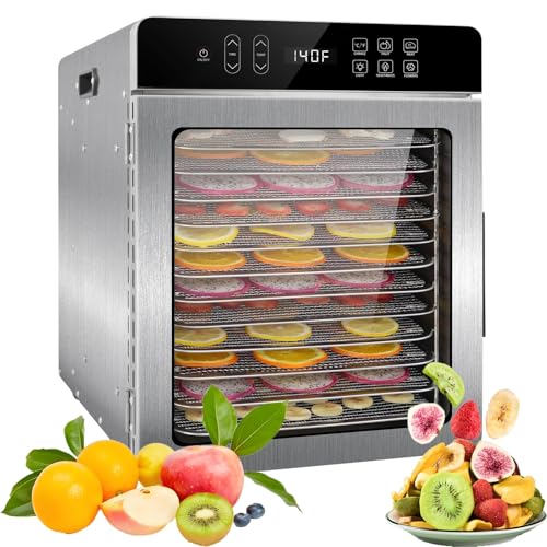 Premium-Dörrgerät (10 extragroße Edelstahlschalen)800-W-Trockner for Beef Jerky Obst Gemüse Hundeleckerlis déshydrateur de fruit 24-Stunden-Digitaltimer–Temperaturregelung von 30–90°C(10 Large Stainle von GHKWXUE