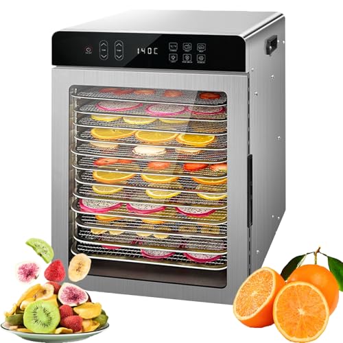 Premium-Dörrgerät (10 extragroße Edelstahlschalen)800-W-Trockner for Beef Jerky Obst Gemüse Hundeleckerlis déshydrateur de fruit 24-Stunden-Digitaltimer–Temperaturregelung von 30–90°C(12 Large Stainle von GHKWXUE