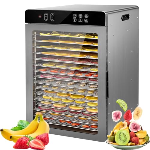 Premium-Dörrgerät (10 extragroße Edelstahlschalen)800-W-Trockner for Beef Jerky Obst Gemüse Hundeleckerlis déshydrateur de fruit 24-Stunden-Digitaltimer–Temperaturregelung von 30–90°C(16 Large Stainle von GHKWXUE