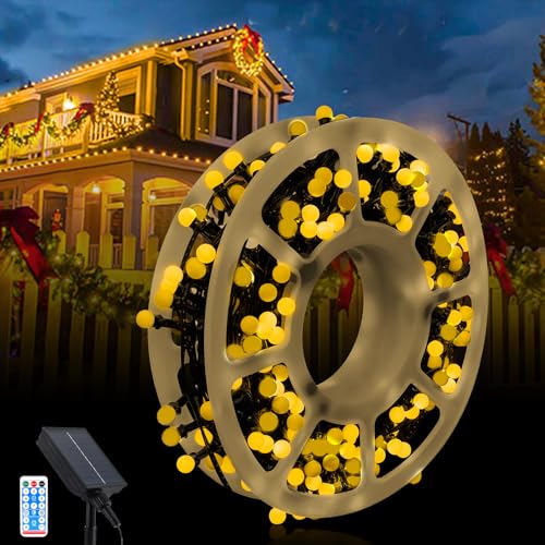 GHONLZIN 13M 300LEDs Solar Lichterkette Aussen, Wasserdicht Weihnachtsbeleuchtung, Kugel Lichterkette mit 8 Modi Tragbare Verstaubare Lichtleiste für Garten Weihnachtsbaum Party Hof Veranda Hängedeko von GHONLZIN