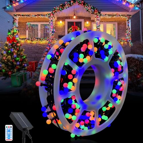 GHONLZIN 13M 300LEDs Solar Lichterkette Aussen, Wasserdicht Weihnachtsbeleuchtung, Kugel Lichterkette mit 8 Modi Tragbare Verstaubare Lichtleiste für Garten Weihnachtsbaum Party Hof Veranda Hängedeko von GHONLZIN