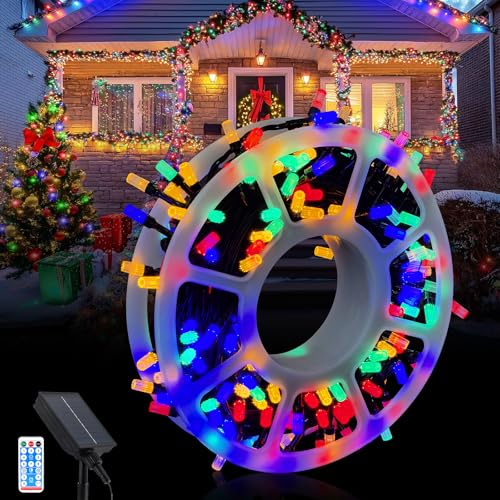 GHONLZIN 27M 200LEDs Solar Lichterkette Aussen, Wasserdicht Weihnachtsbeleuchtung, Lichterkette mit 8 Modi Tragbare Verstaubare Lichtleiste für Garten Weihnachtsbaum Party Hof Veranda Hängedeko von GHONLZIN