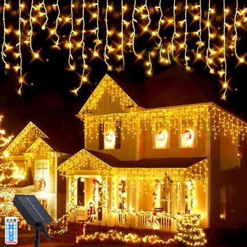 Solare Eiszapfen Lichter, 8M Wasserdicht Eiszapfen Lichterkette, 288LEDs Außen Solar Lichterkette mit 8 Modi Fernbedienung, Weihnachtsbeleuchtung für Hof Garten Party Hochzeit Christmas Dekorationen von GHONLZIN