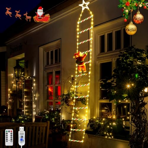 Weihnachtsmann Leiter Lichterkette, 3 M/9,84 Fuß 240 LEDs Weihnachtslichter mit 8 Modi, USB Betrieben mit Fernbedienung, 12 Leitern, Santa Kletterleiter für Indoor Outdoor Balkon Weihnachtsbaum Dekor von GHONLZIN