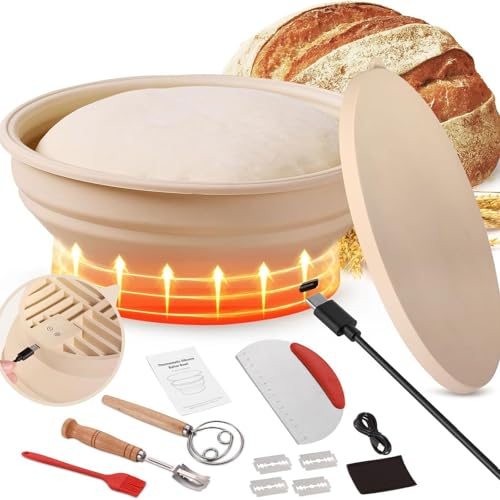 GHRERTX Beheiztes Starter-Set for Backzubehör for Sauerteigbrot, 9-Zoll-Gärkörbchenwärmer aus Silikon mit 4 einstellbaren Heizstufen, zur Herstellung von Brot, Joghurt, Pizza und Teig von GHRERTX